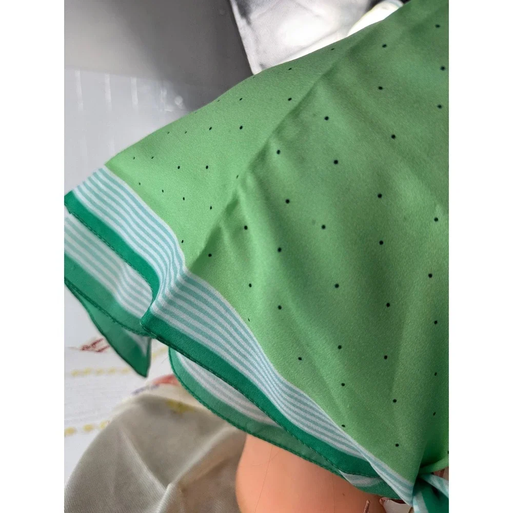 Vintage Made in Italy Green Blue Polka Dot Striped Square Head Scarf Neckerchief
